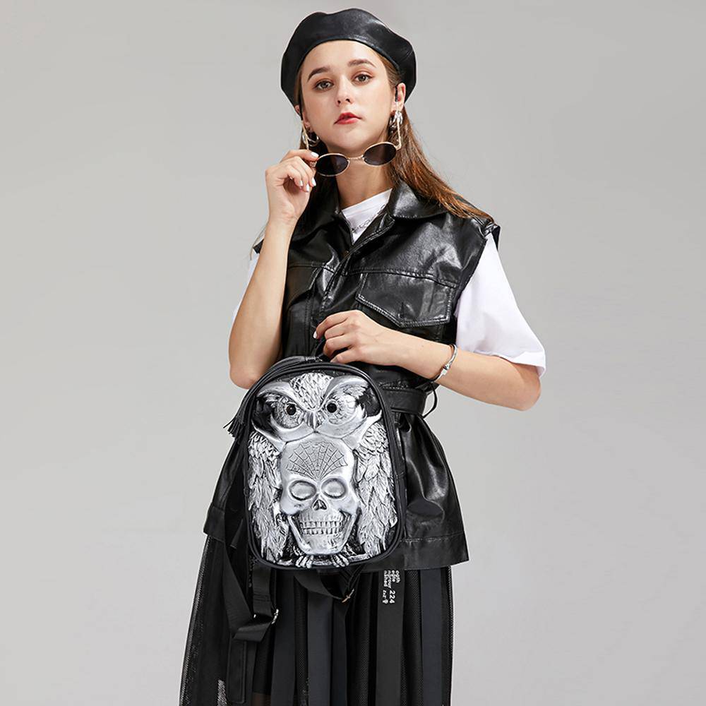 Rossie Viren 3D Skull Owl Small Backpack featuring detailed skull and owl design, perfect for casual or fashion-forward use.