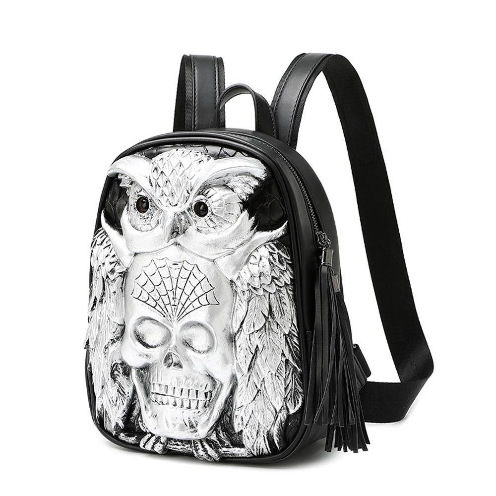 Rossie Viren 3D Skull Owl small backpack with detailed skull and owl design, perfect for casual or school use.