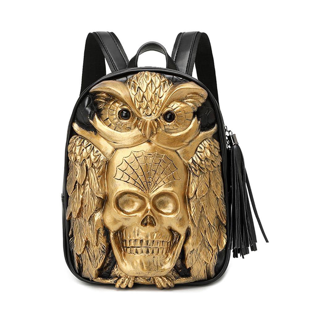 Rossie Viren 3D Skull Owl backpack showing a small, detailed backpack with skull and owl design in vibrant colors.