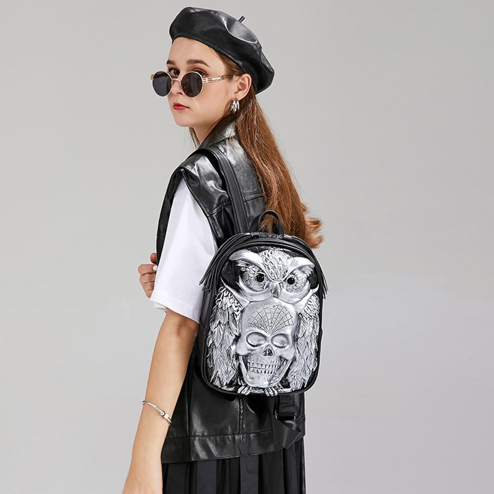 Rossie Viren 3D Skull and Owl Small Backpack featuring detailed skull and owl design for stylish everyday use.
