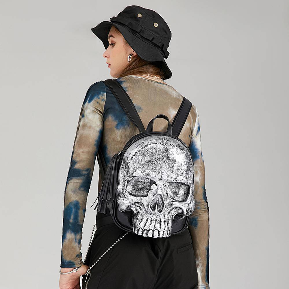 Rossie Viren 3D Skull Backpack with built-in speaker, small size, featuring a detailed skull design and adjustable straps.
