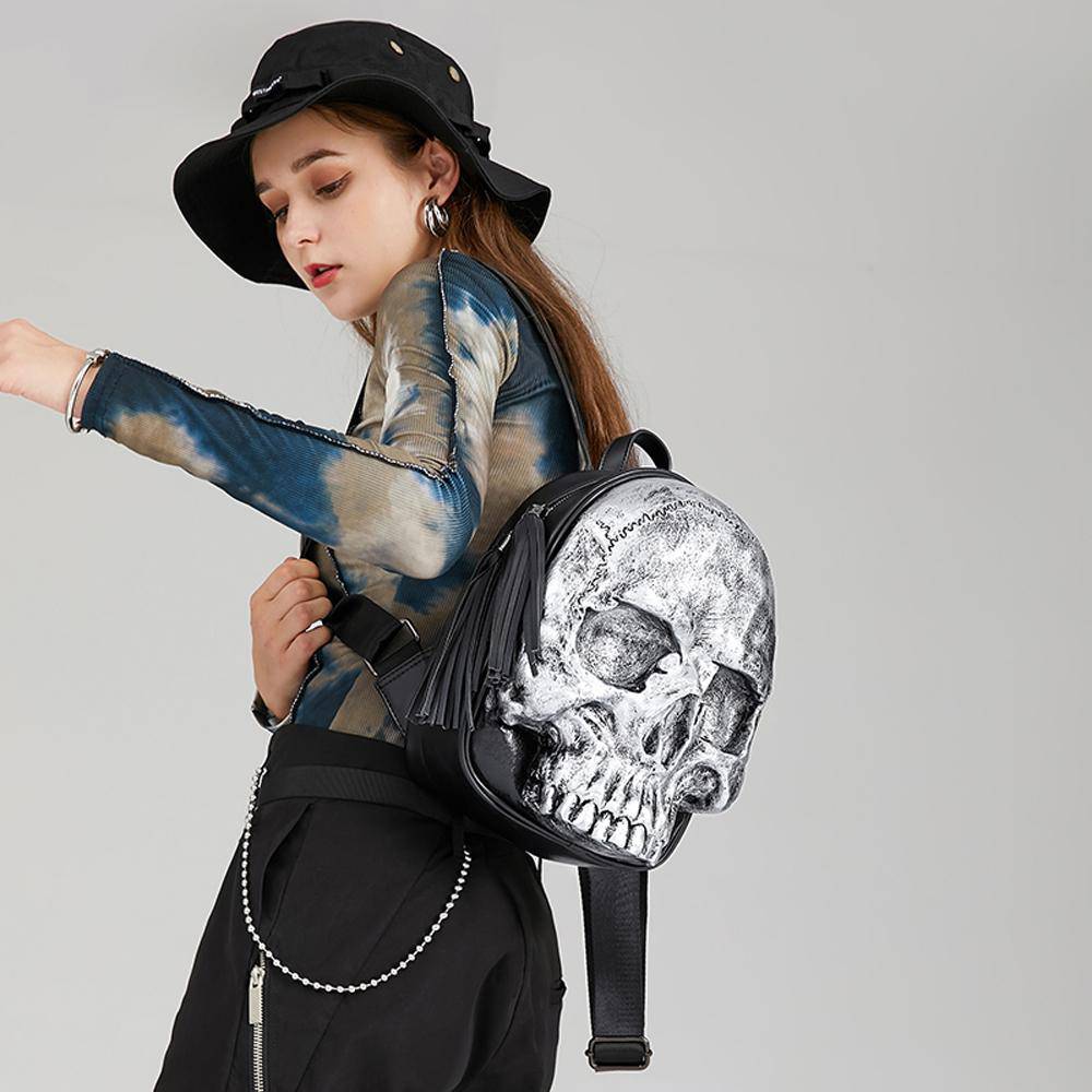 Rossie Viren 3D Skull Backpack with built-in speaker, small backpack featuring a detailed 3D skull design and adjustable straps.