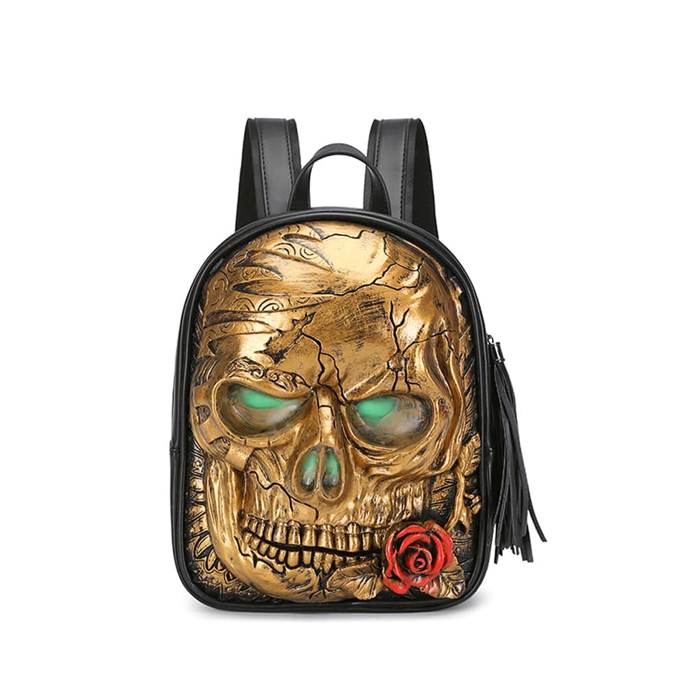 Rossie Viren 3D skull with rose backpack featuring glowing green eyes and detailed skull and flower design.