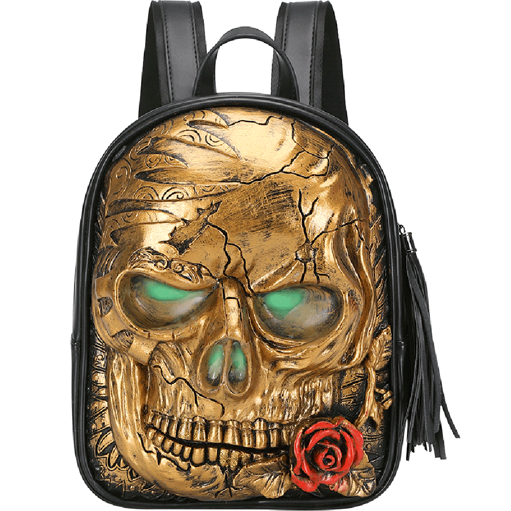 Rossie Viren 3D Skull with Rose backpack featuring glowing green eyes, detailed skull design with floral accents.