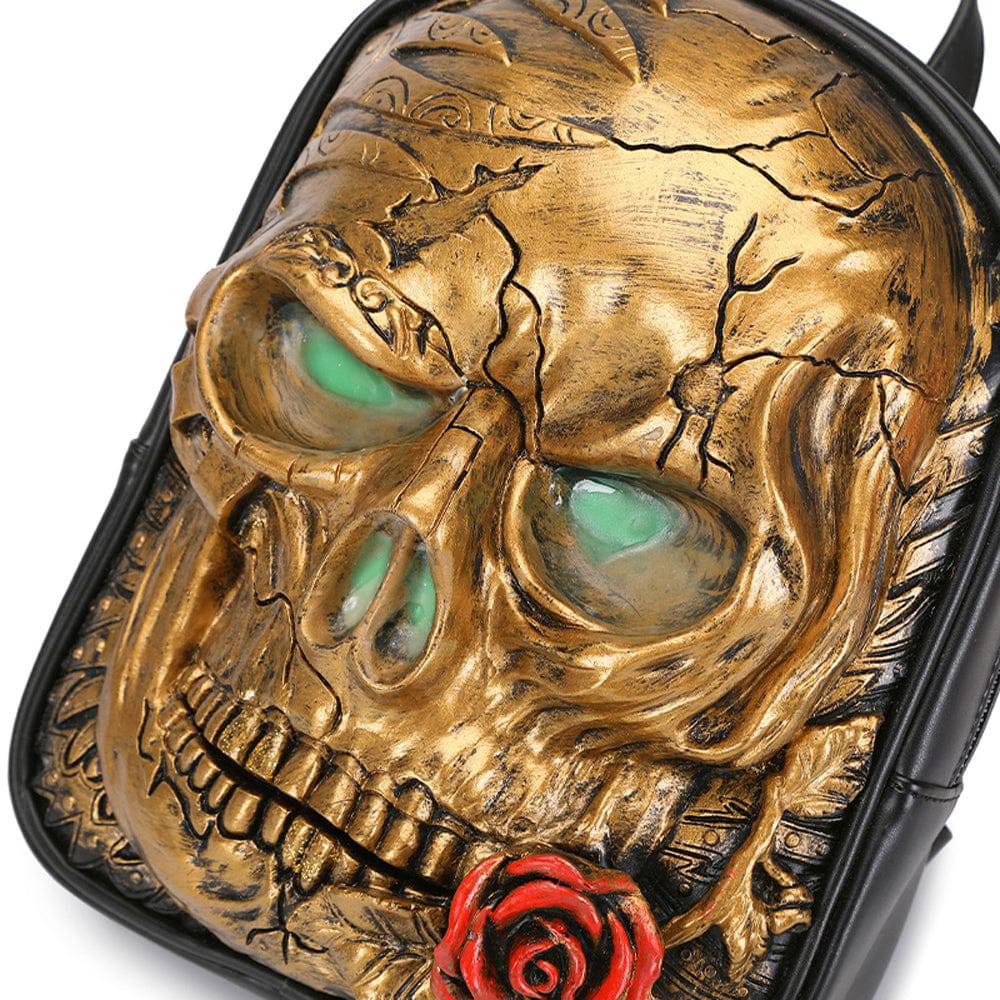 Rossie Viren 3D Skull with Rose backpack featuring glowing green eyes and detailed skull and flower design.