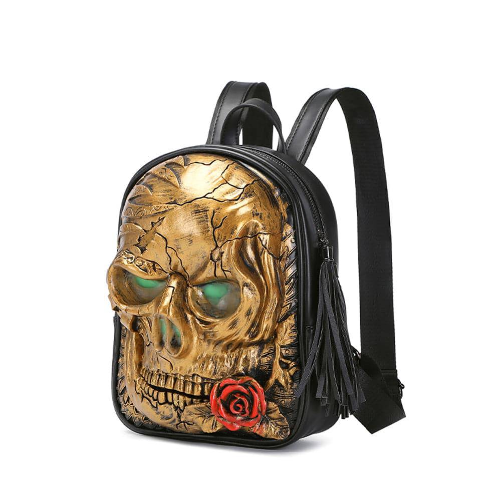 Rossie Viren 3D Skull with Rose backpack featuring glowing green eyes and detailed skull and floral design.