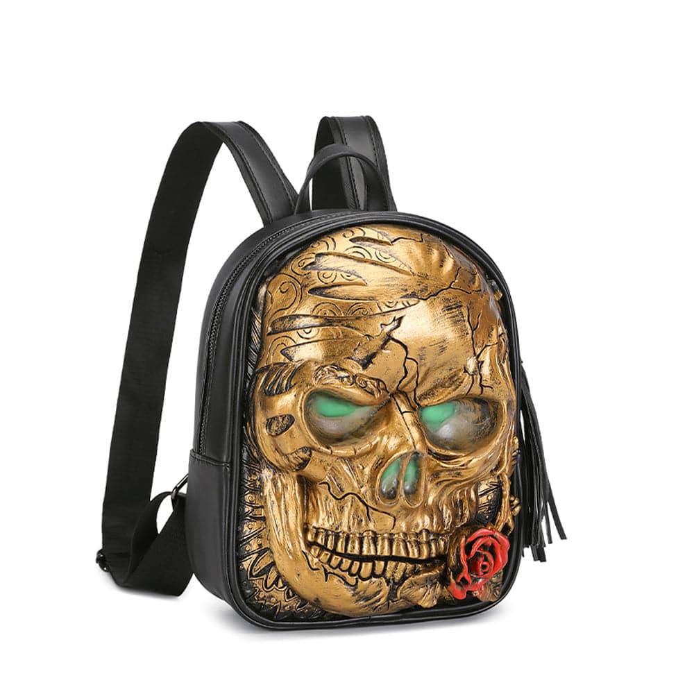 Rossie Viren 3D Skull with Rose backpack featuring glowing green eyes and detailed skull and rose design.