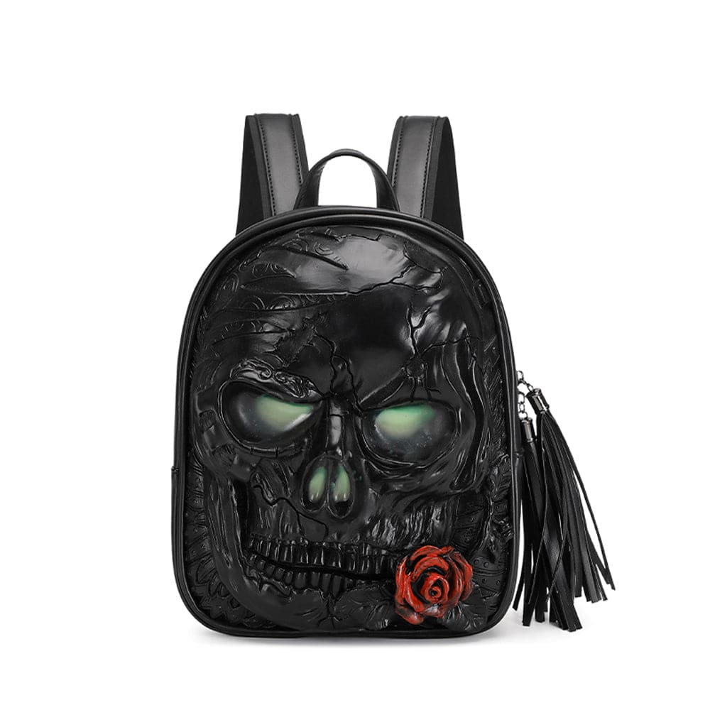 Rossie Viren 3D Skull with Rose backpack featuring glowing green eyes, detailed skull and rose design, suitable for casual use.