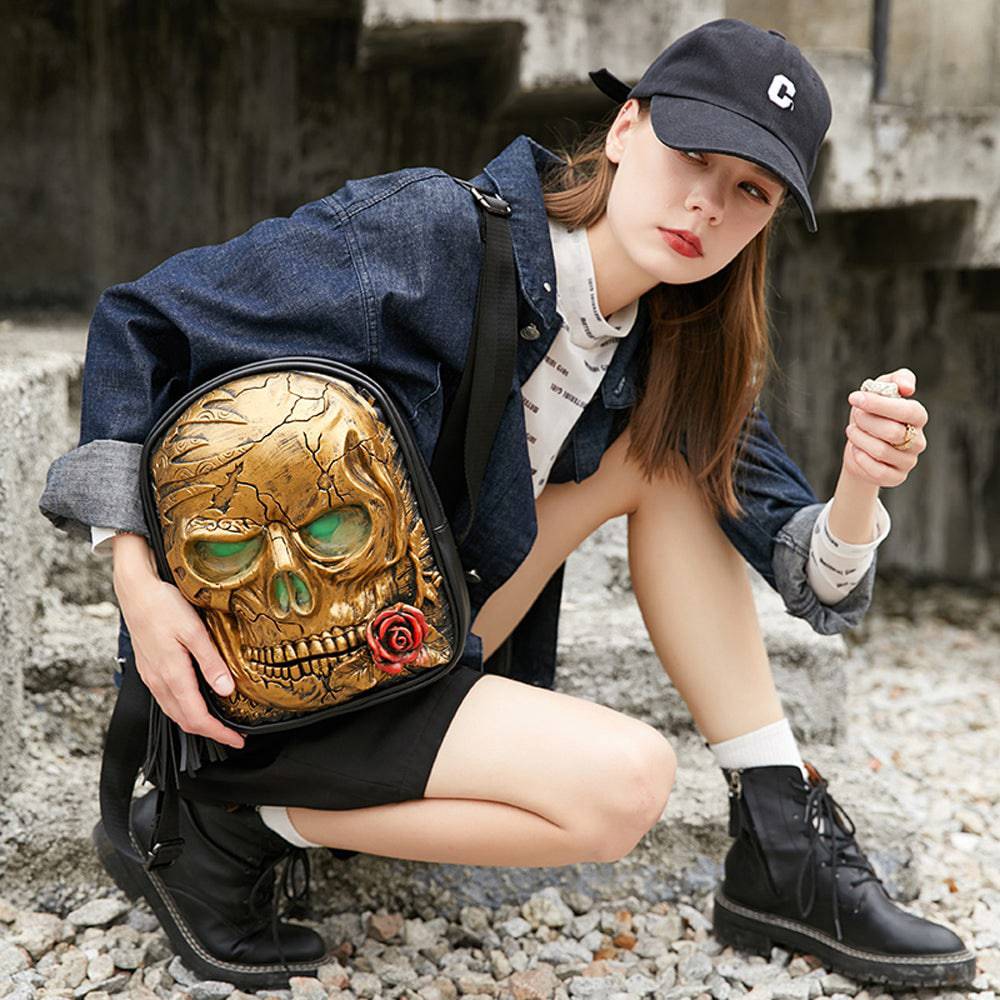 Rossie Viren 3D Skull with Rose backpack featuring glowing green eyes and detailed skull and rose design.