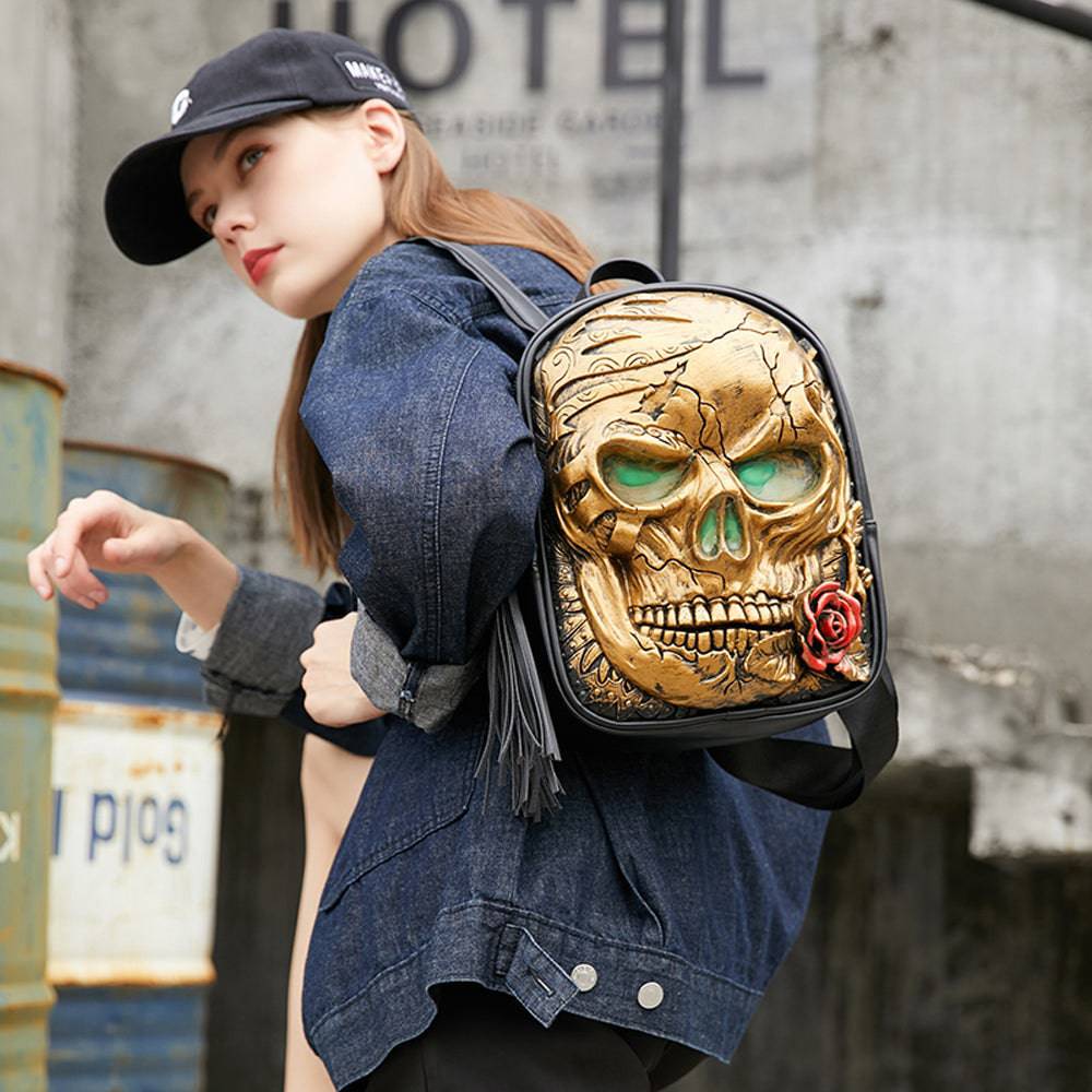 Rossie Viren 3D Skull with Rose backpack featuring glowing green eyes and detailed skull and rose design.