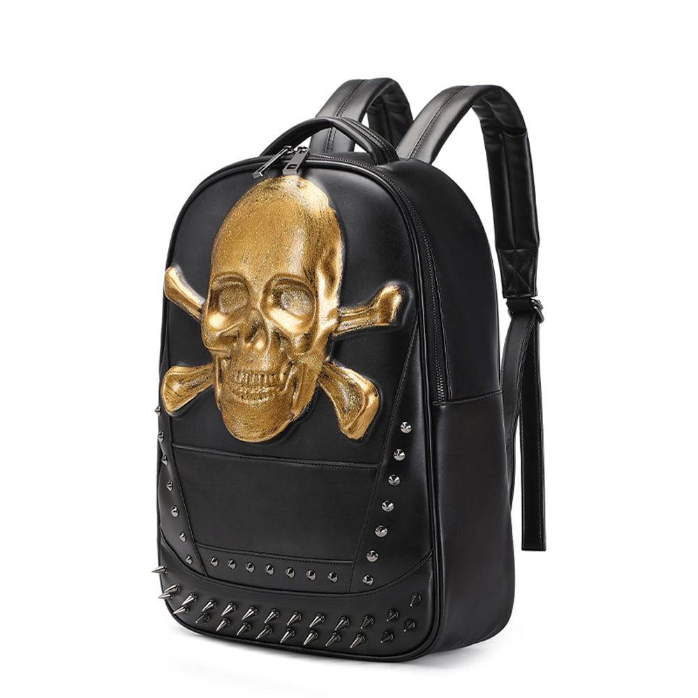 Rossie Viren 3D Skull Backpack featuring a pirate skull with a smiling face and crossbones design, ideal for edgy fashion.