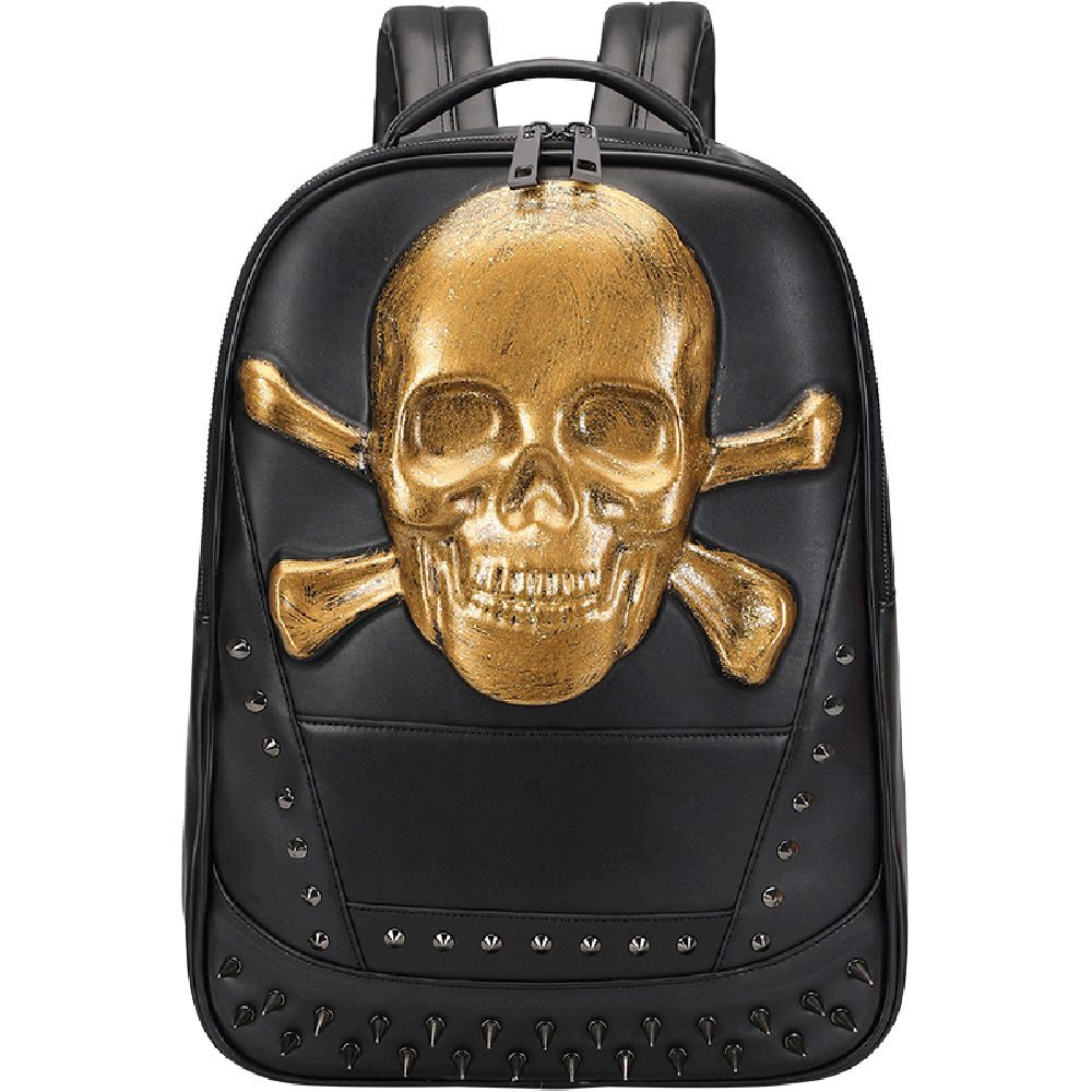 Rossie Viren 3D Skull Backpack featuring a smiling pirate skull and crossbones design, perfect for edgy, stylish travel or school use.