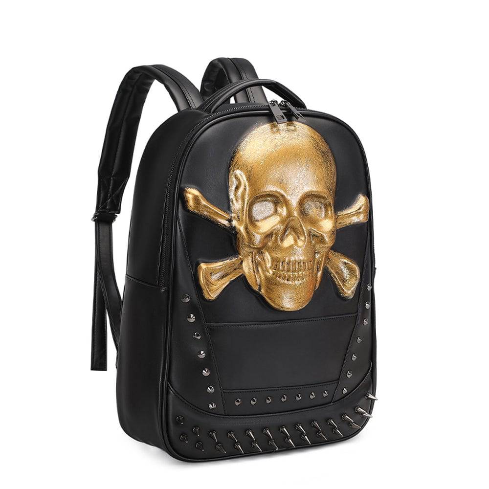 Rossie Viren 3D Skull Backpack featuring a smiling pirate skull and crossbones design, with adjustable straps and front pocket.