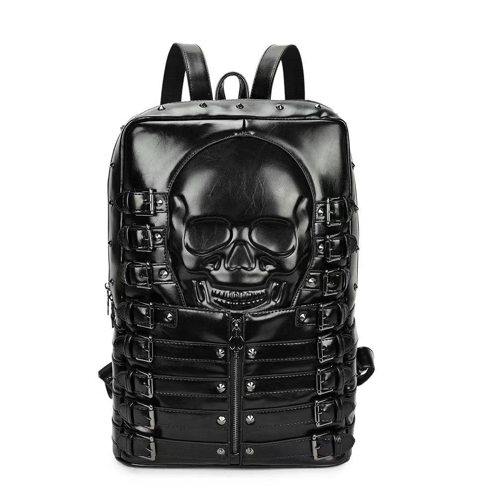 Rossie Viren 3D Skull backpack with rivet studs, black PU leather travel and punk laptop bag with skull design and sturdy straps.