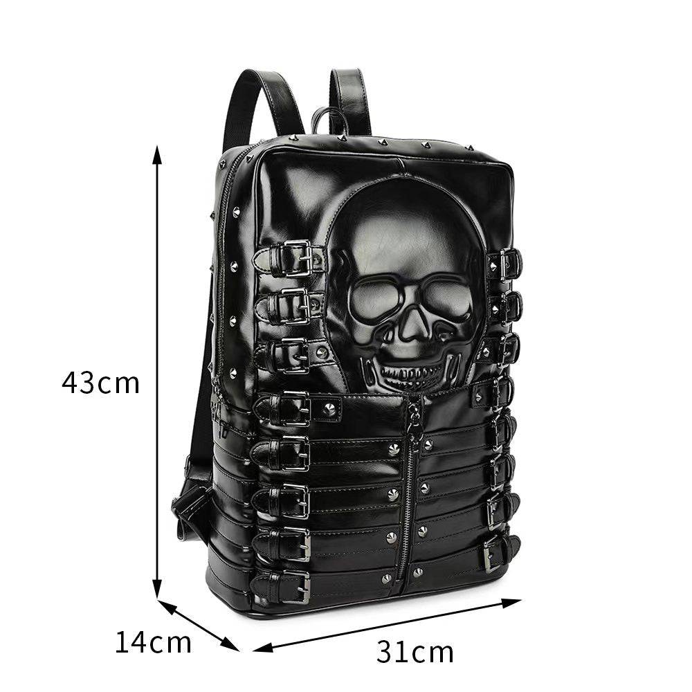 Rossie Viren 3D skull backpack with rivet studded PU leather, ideal for travel, school, or carrying a laptop in a punk style.