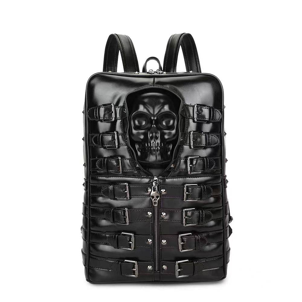 3D skull punk backpack by Rossie Viren with rivet buckle, PU leather, suitable for travel, school, and laptop carrying.
