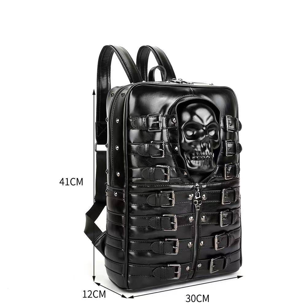 Rossie Viren 3D Skull Backpack with rivet buckle, PU leather, and punk style, ideal for travel and laptop carrying.