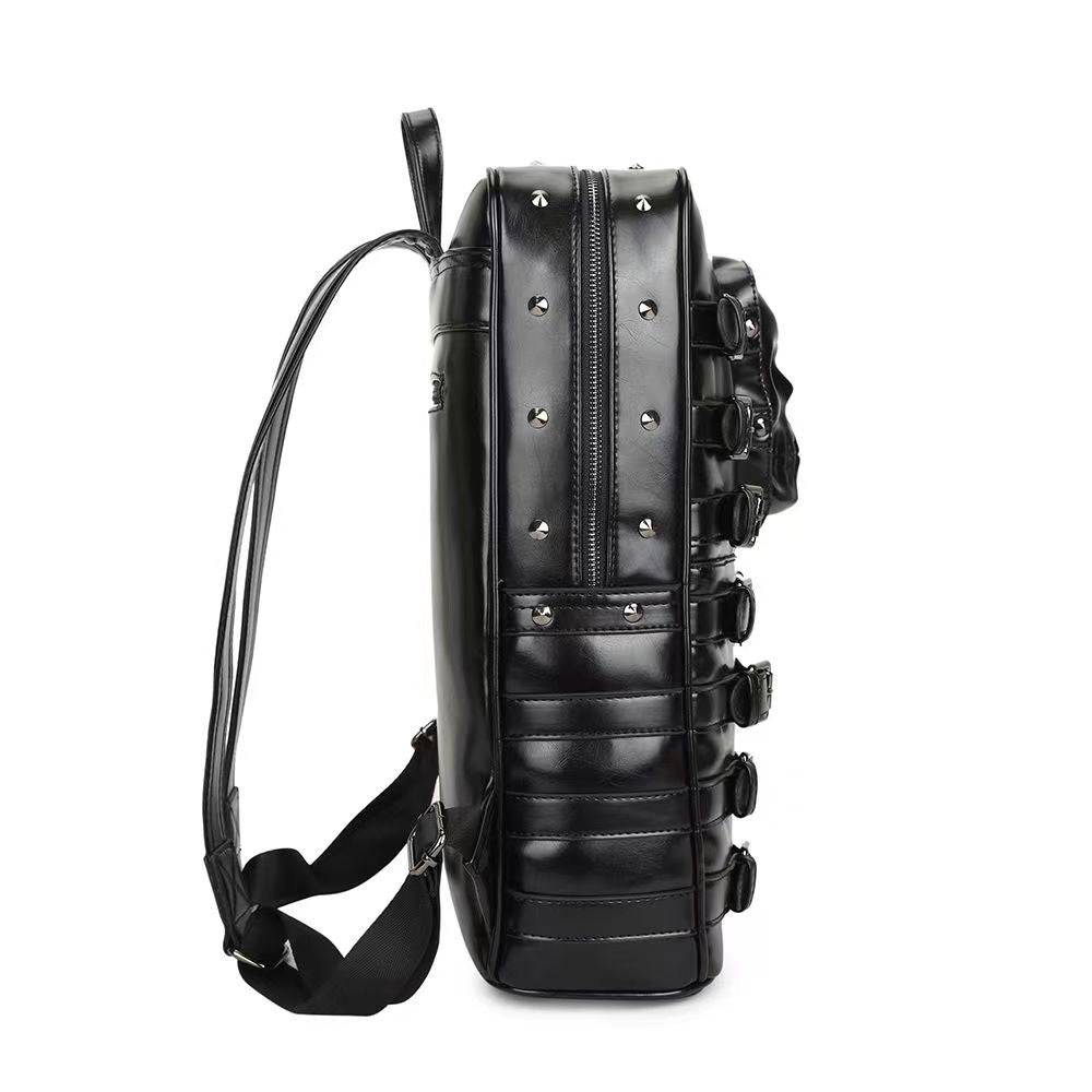 Rossie Viren 3D skull backpack with rivet buckle, PU leather travel punk design, suitable for laptops and school use