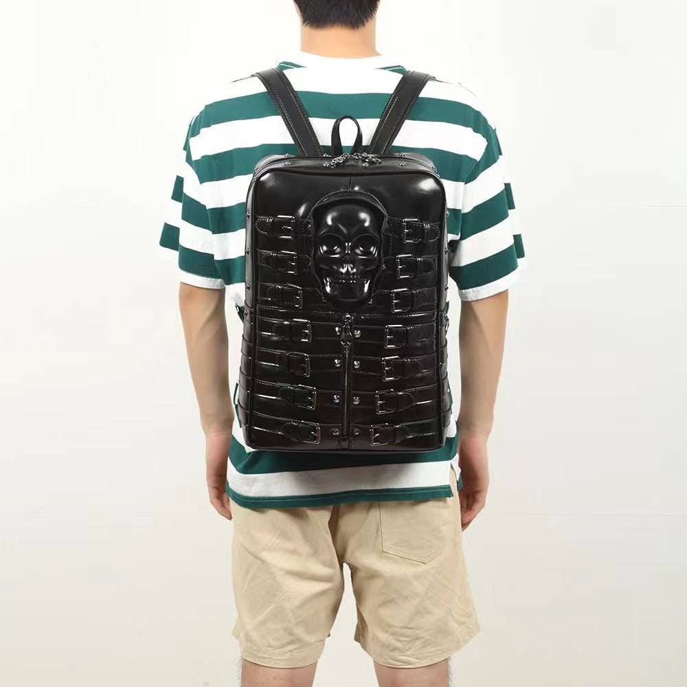 Rossie Viren 3D Skull backpack with rivet buckle, PU leather, punk style, suitable for travel, school, and laptop carrying.