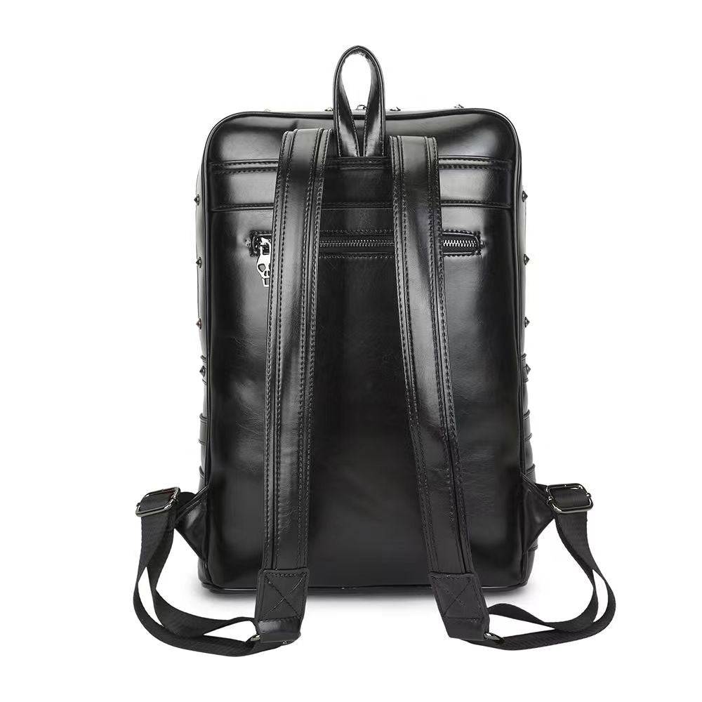 Rossie Viren 3D skull backpack with rivet buckle, PU leather, punk style, ideal for travel, school, or laptop carrying.