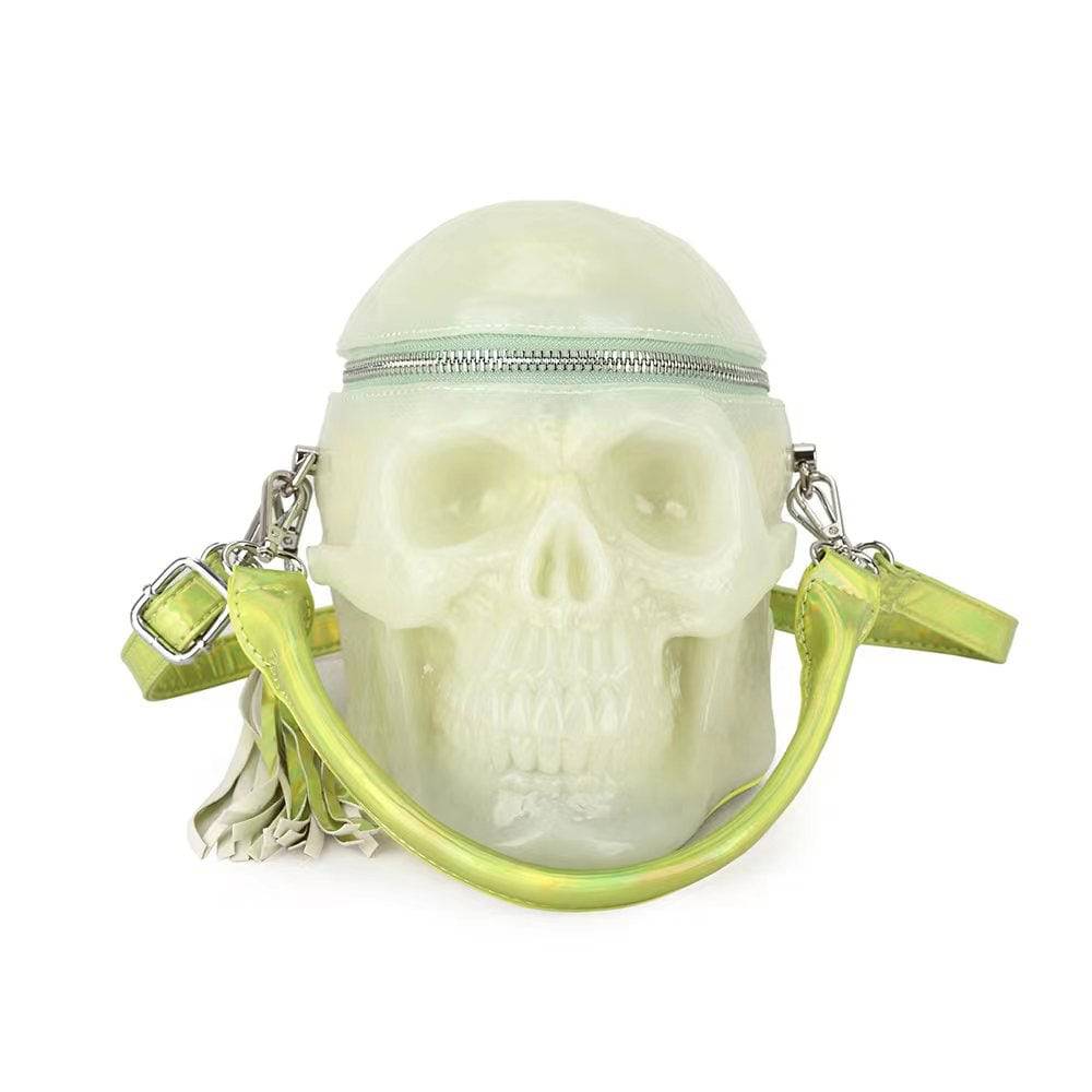 Rossie Viren 3D skull gel handle cross body bag with glow-in-the-dark features, mini shoulder handbag with a bold, edgy design.