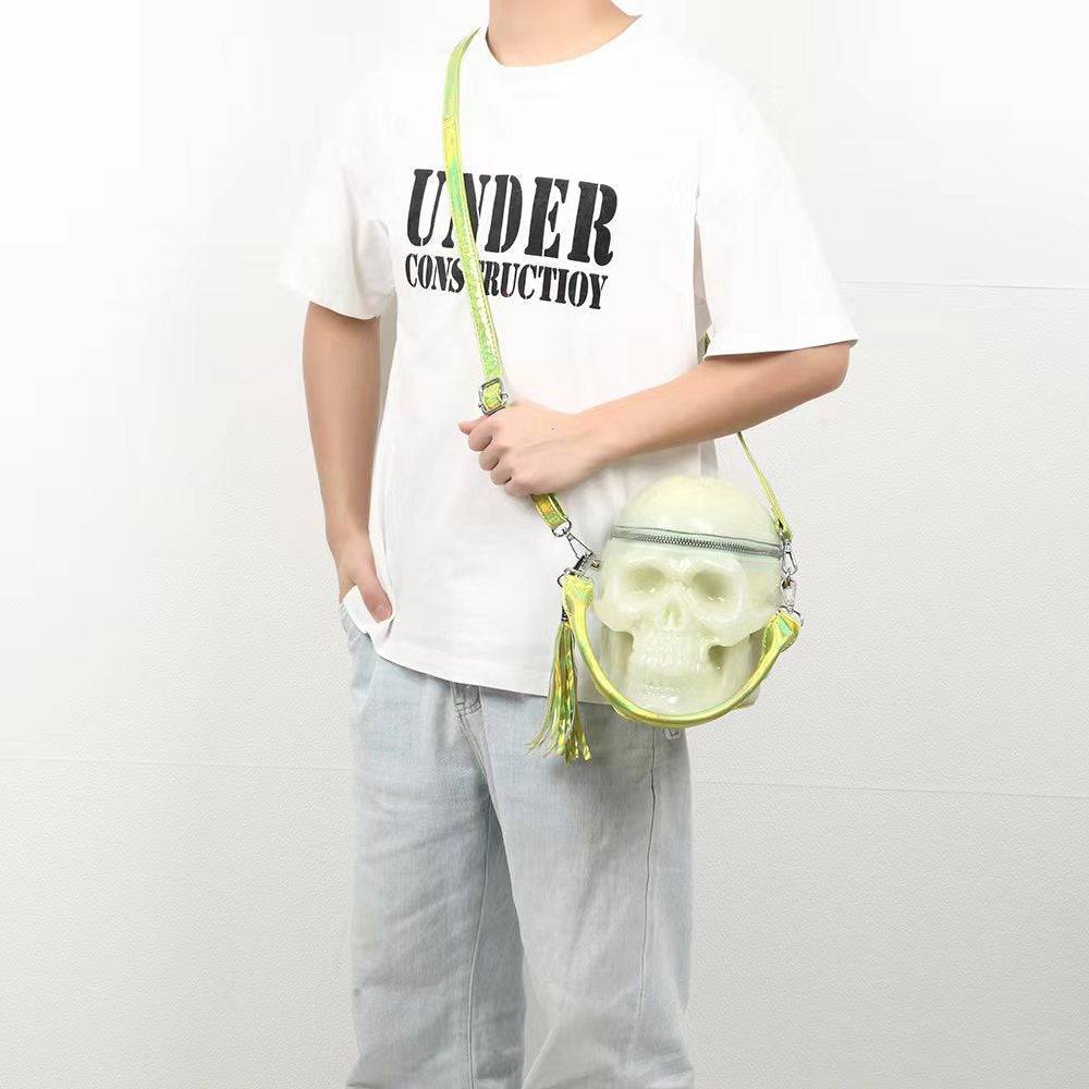 Rossie Viren 3D skull gel crossbody handle bag with glow-in-the-dark design, mini shoulder handbag with a spooky skull motif.