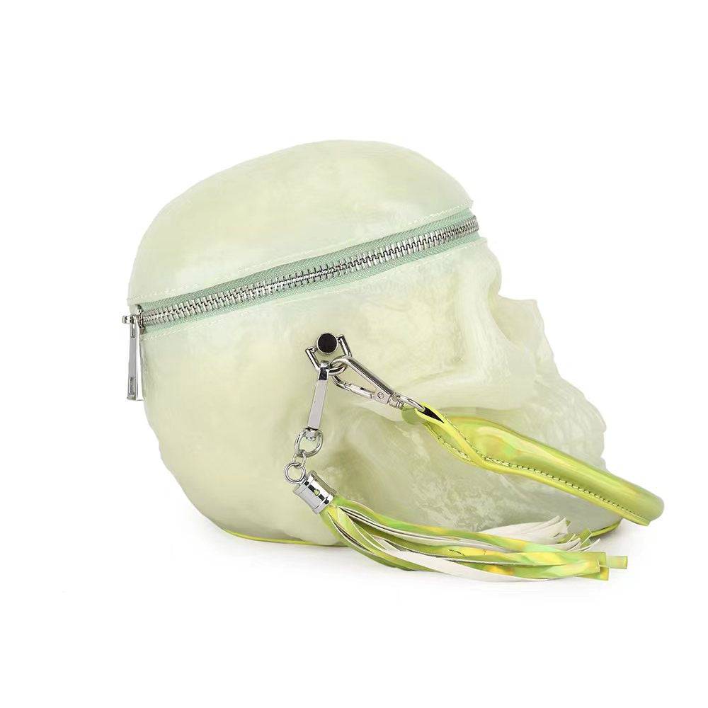 Rossie Viren 3D skull gel handle cross body bag with glow-in-the-dark design, mini shoulder handbag with unique skull detail.
