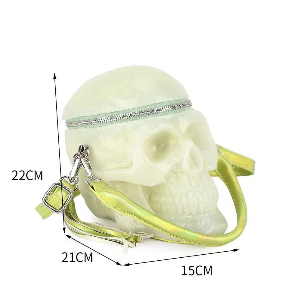 Rossie Viren 3D skull gel handle cross body bag with glow-in-the-dark features, mini shoulder handbag with a stylish skull design.