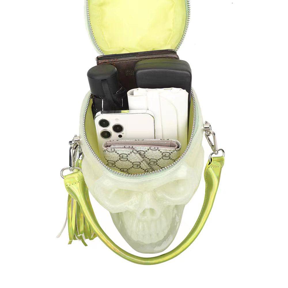 Rossie Viren 3D Skull Gel Cross Body Handle Bag with glow-in-the-dark design, mini shoulder handbag, and stylish shoulder strap.