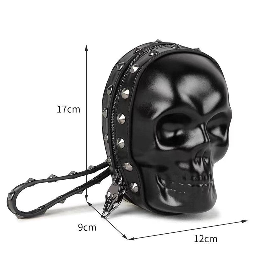 Black Rossie Viren 3D Skull Handle Wrist Bag, a stylish messenger bag with a distinctive skull-shaped handle.