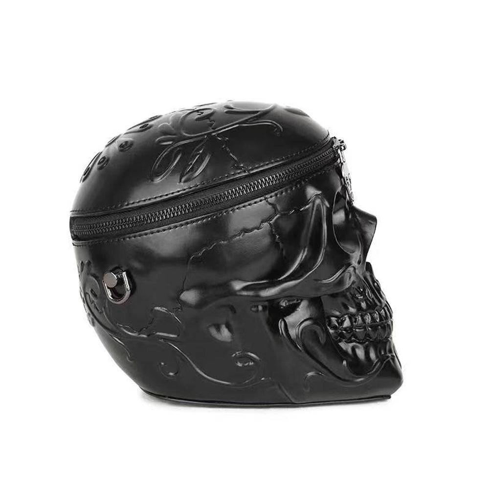 Black 3D skull messenger shoulder handbag by Rossie Viren, featuring a compact design with detailed skull artwork.