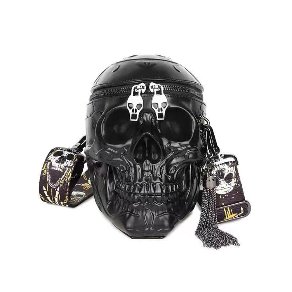 Small black 3D skull messenger shoulder handbag by Rossie Viren, featuring detailed skull design and adjustable strap.