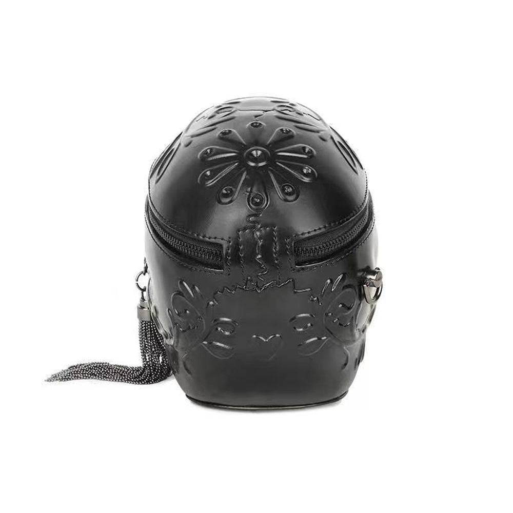 Black 3D skull design messenger shoulder handbag by Rossie Viren, featuring a compact, stylish accessory for casual or edgy outfits.