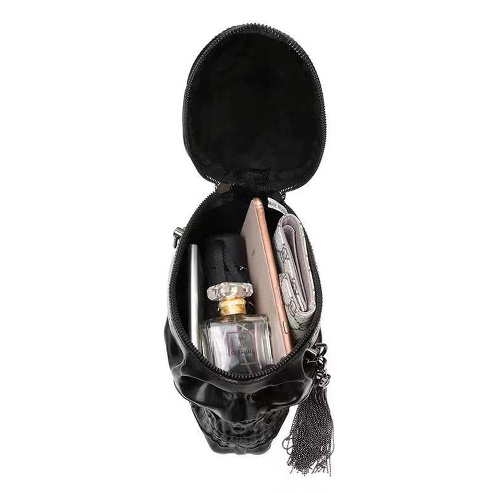 Black 3D skull design messenger shoulder handbag by Rossie Viren, compact and stylish for everyday use.