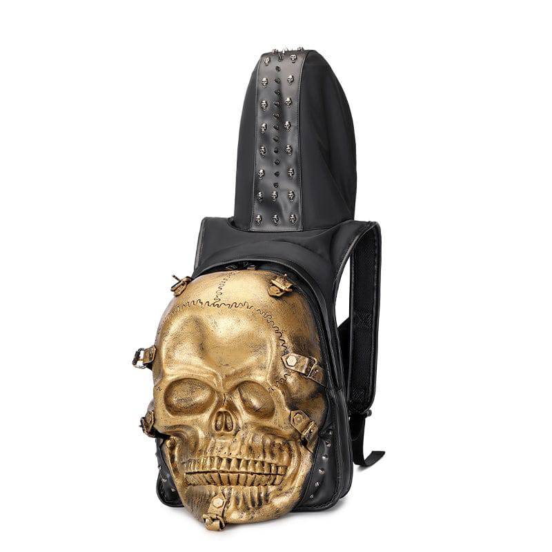 Rossie Viren 3D skull leather backpack with rivets and matching hoodie cap, featuring bold skull design and adjustable straps.
