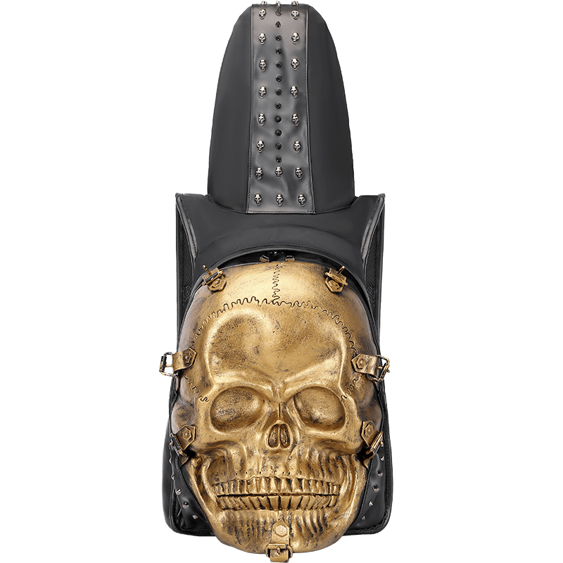 Rossie Viren 3D skull leather backpack with rivets, hoodie cap design, featuring a bold skull motif and adjustable straps.