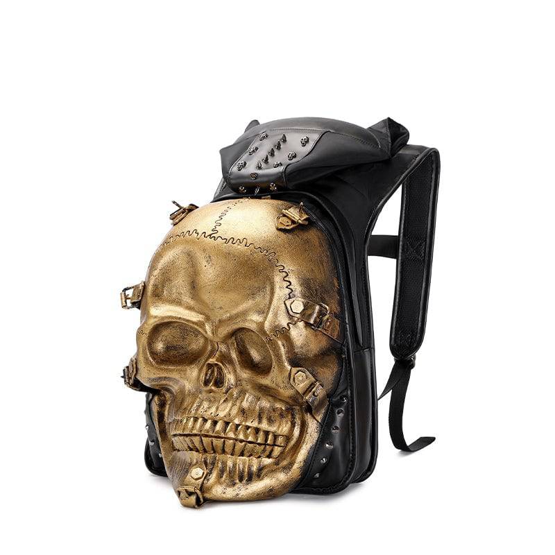 Rossie Viren 3D skull leather backpack with rivets, hoodie cap, and adjustable straps, featuring a bold skull design.