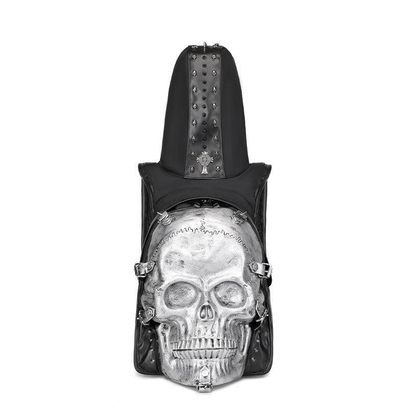 Rossie Viren 3D skull backpack made of PU leather with rivet details, hoodie cap design, perfect for a bold fashion statement.