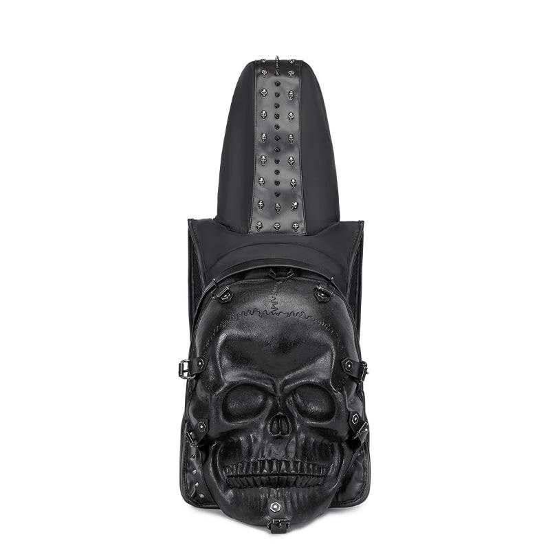 Rossie Viren 3D skull backpack with rivets, PU leather design, hoodie cap, and skull accents for a bold, stylish look.