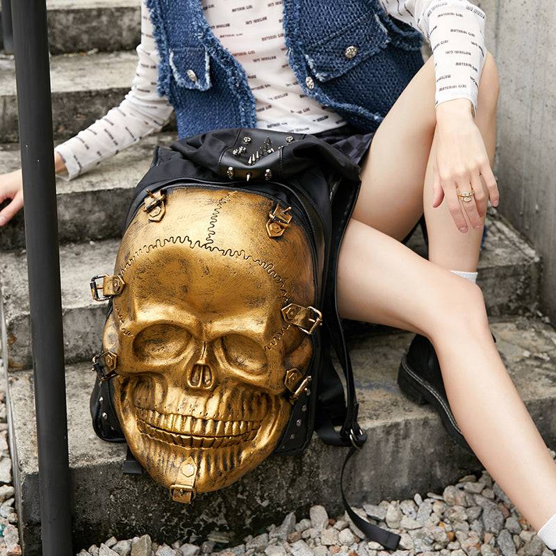 Rossie Viren 3D skull leather backpack with rivets, hoodie cap design, featuring a bold, edgy style and spacious compartments.
