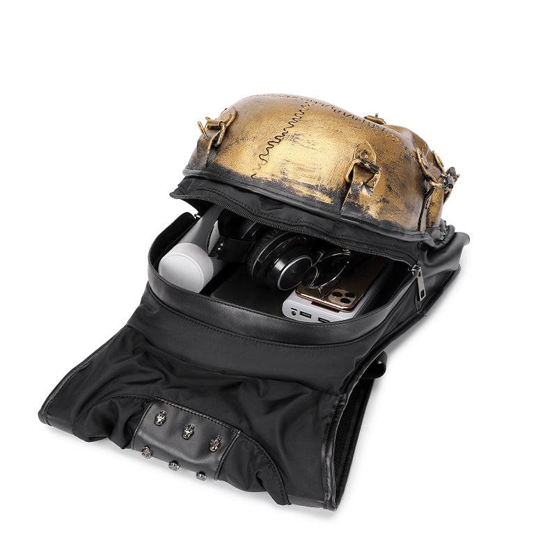 Rossie Viren 3D skull leather backpack with rivets, hoodie cap, and skull design for a bold, fashionable look.