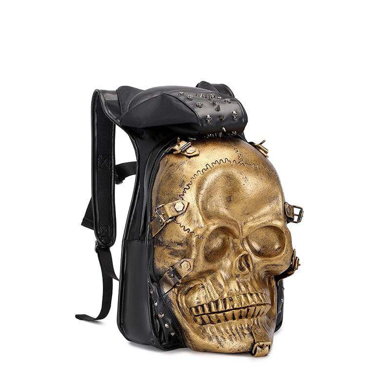 Rossie Viren 3D skull backpack with rivets, featuring a hoodie cap and PU leather design, ideal for edgy fashion styles.