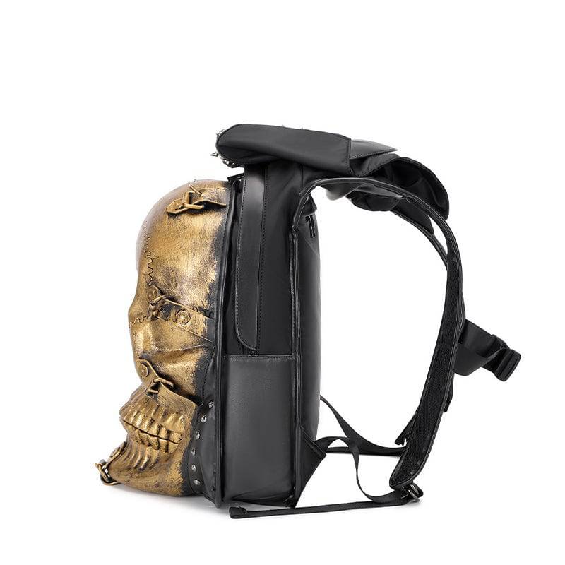 Rossie Viren 3D skull leather backpack with rivet details, hoodie cap, and adjustable straps for a bold, stylish look.
