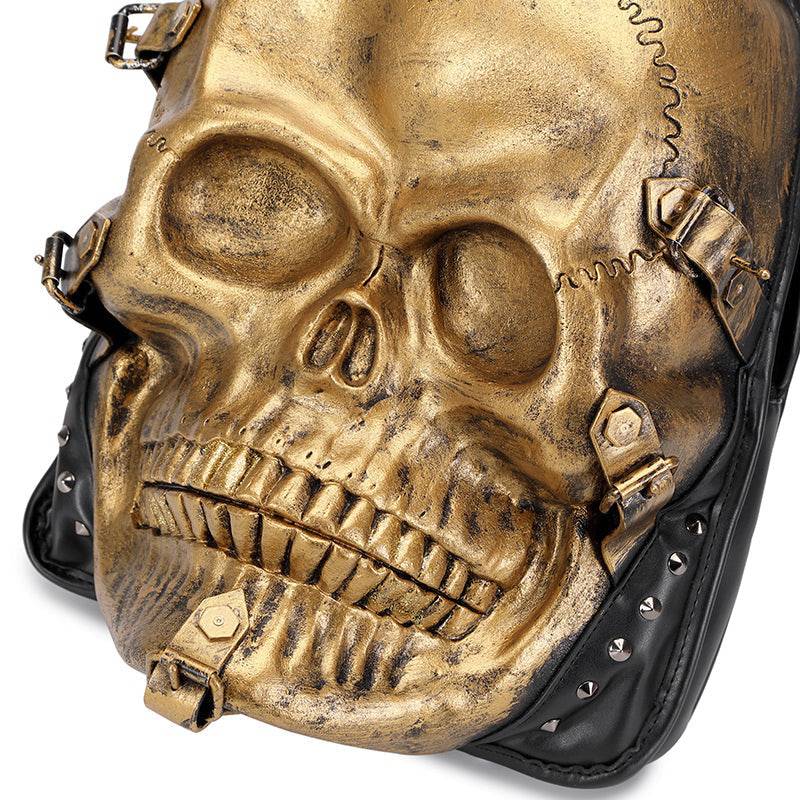 Rossie Viren 3D skull leather backpack with rivets, hoodie cap, and skull design, perfect for a bold, stylish look.