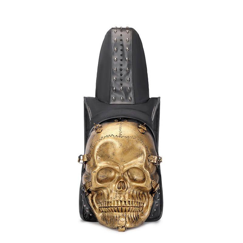 Rossie Viren 3D skull leather backpack with rivets, featuring a hoodie cap design, stylish and edgy for everyday use.