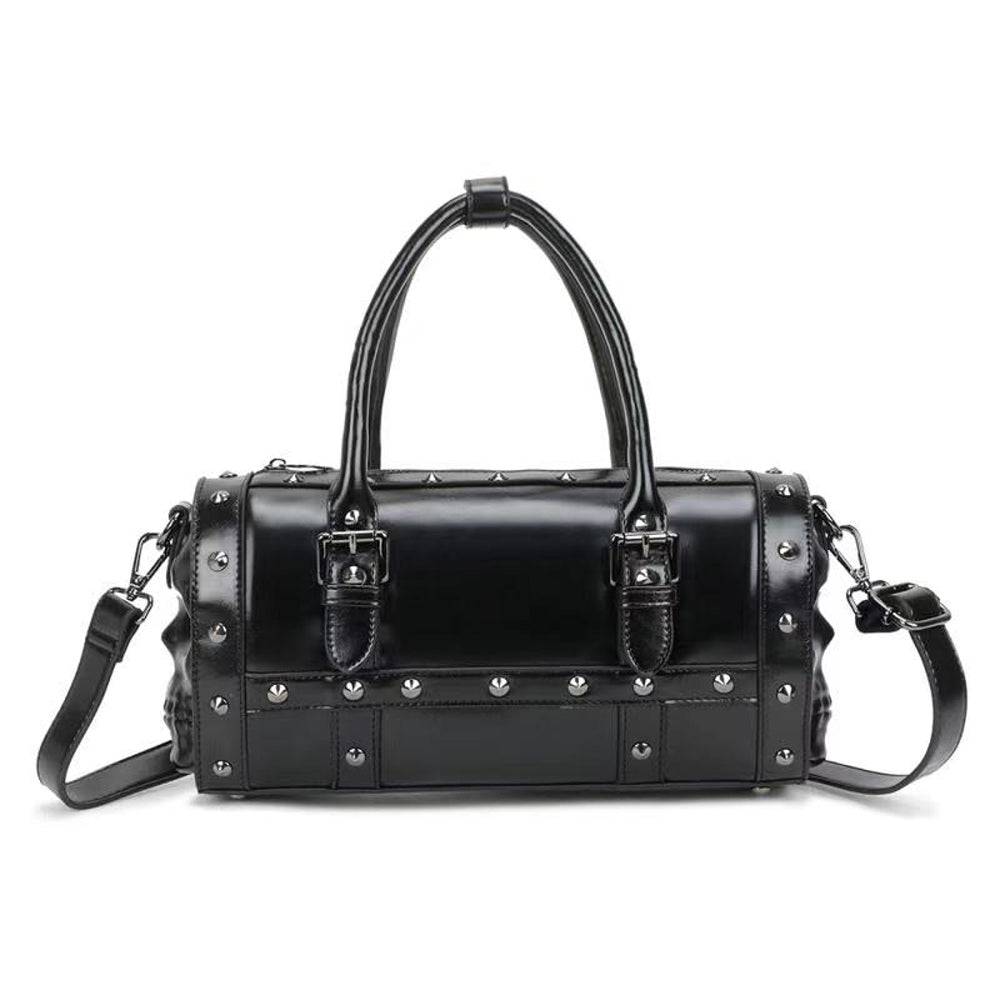 Rossie Viren 3D Skull Studded Speedy Bucket Duffel Bag, spacious travel and weekend bag with edgy skull design and stud details.