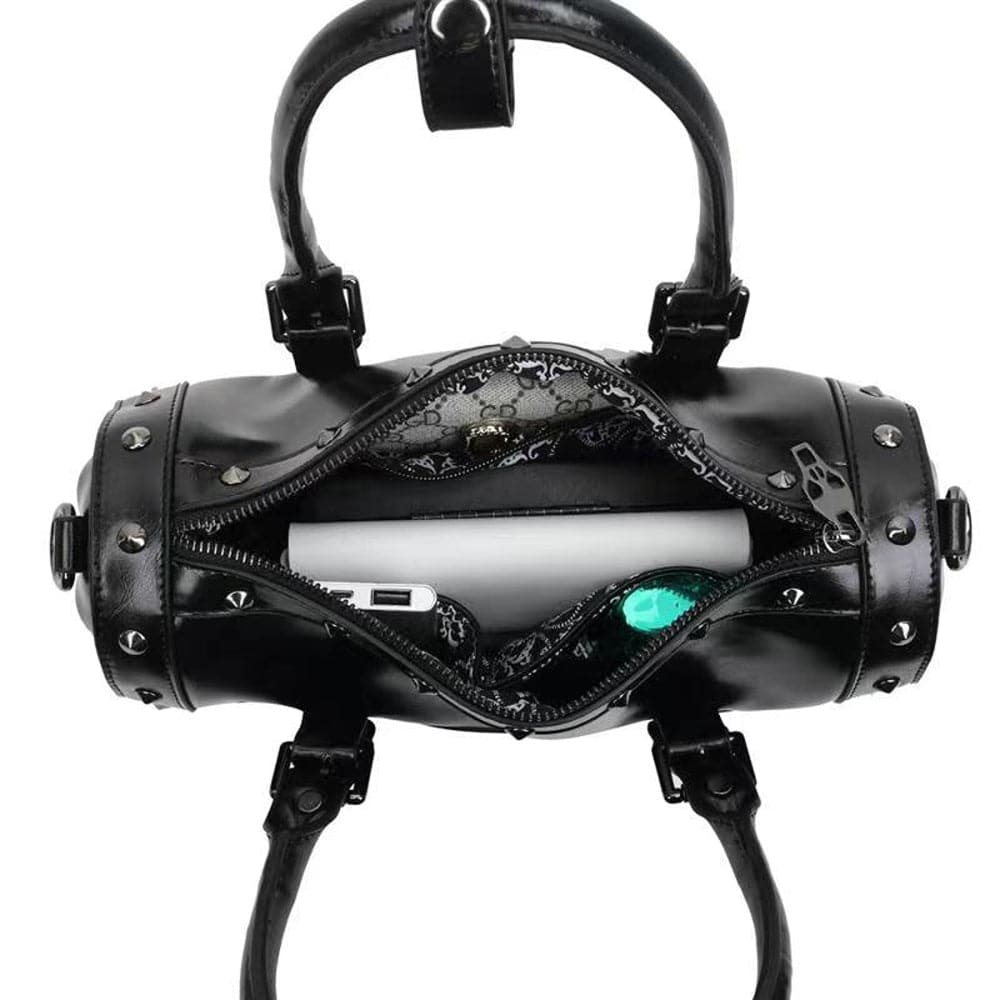 Rossie Viren 3D Skull Studded Speedy Bucket Travel Duffel Bag, stylish weekend bag with skull embellishments and sturdy design.
