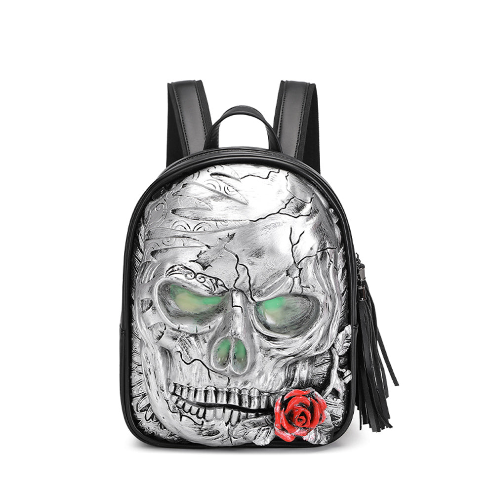 Rossie Viren 3D Skull with Rose backpack featuring glowing green eyes, detailed design, and adjustable straps.