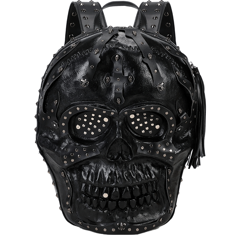 Rossie Viren 3D PU Leather Skull Studded Backpack with detailed 3D design and edgy style, featuring metal studs and textured leather.