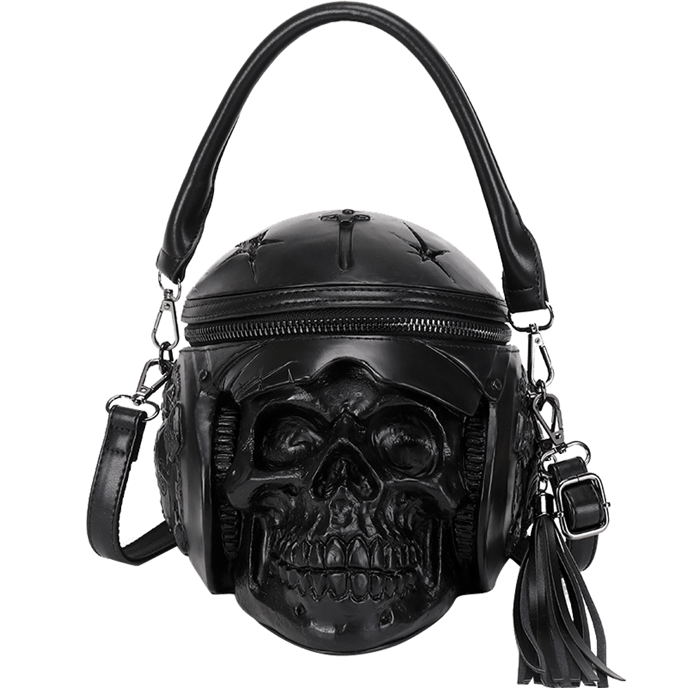 Rossie Viren 3D skull cross body bag with helmet and earphone design, featuring a fashionable handle and shoulder strap.